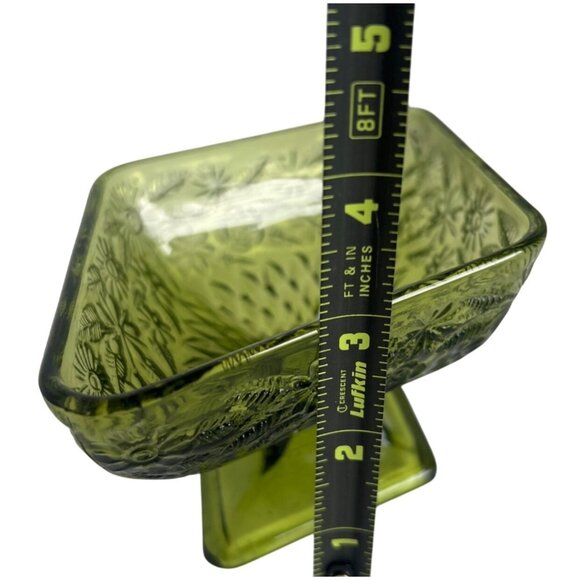 Vtg Indiana Avocado Green Glass Diamond Pedestal Dish Floral Embossed Design - Picture 7 of 7
